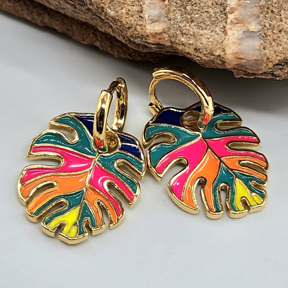Anthro Jewelry Rio Designer Earrings 18k Gold Plated Tropical Palm Leaf